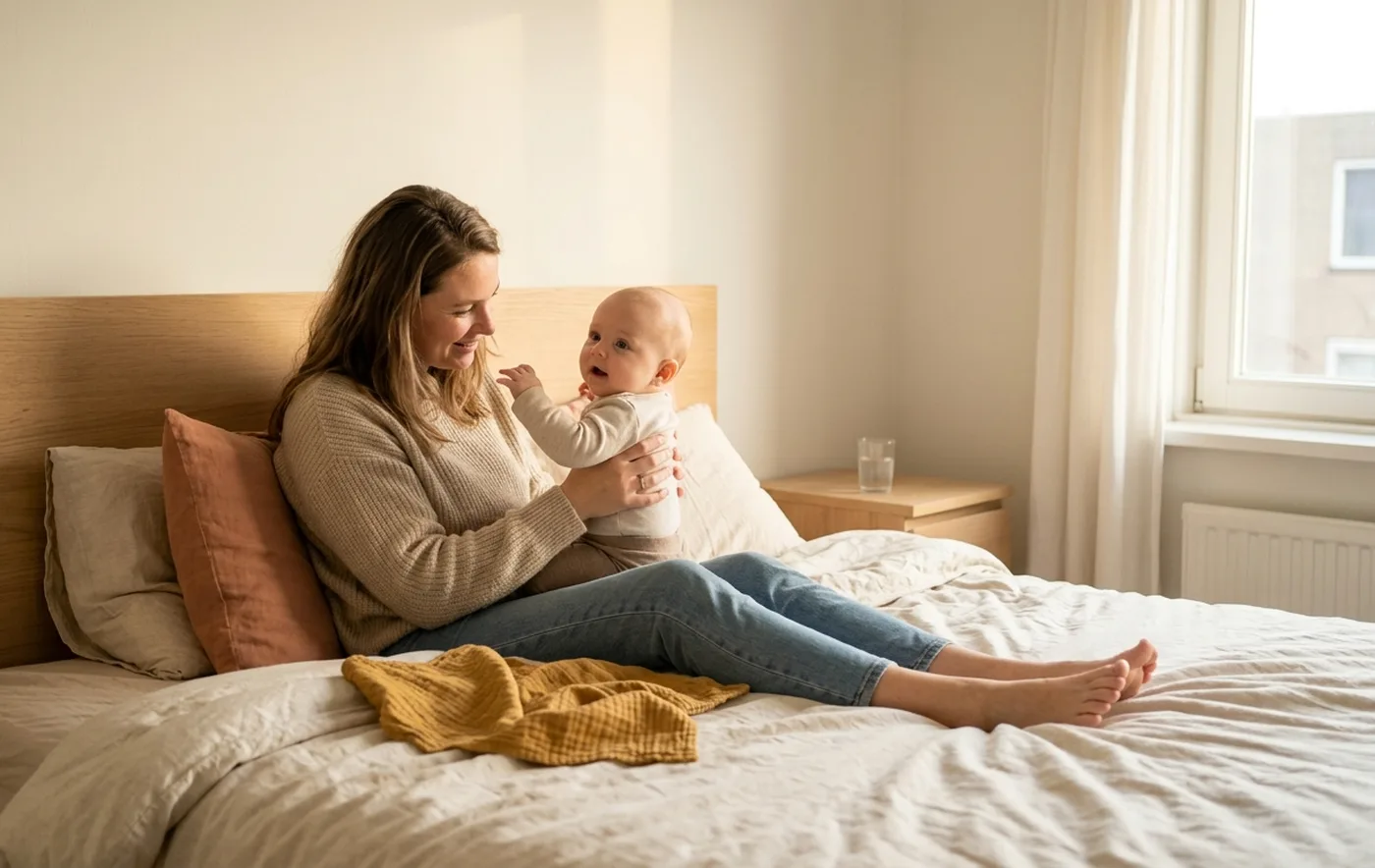 A mother sitting up in bed in early morning light holding her alert four month old baby upright on her lap, a mustard muslin on the duvet and a terracotta cushion behind her, the baby reaching for her face