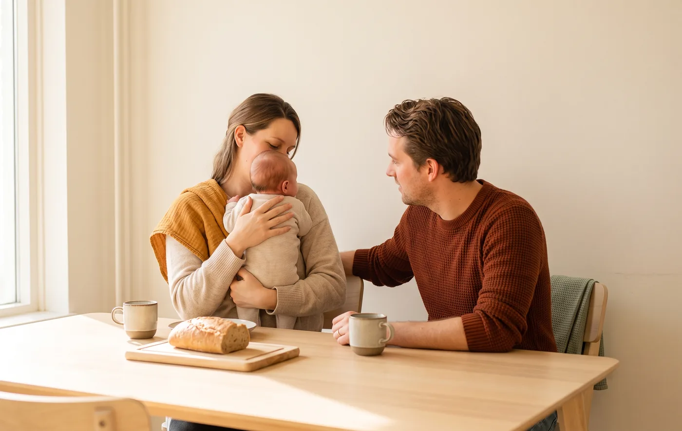 Two parents at a sunlit breakfast table, the mother holding their newborn against her shoulder with an ochre muslin over her arm, the father in a rust jumper turned toward them with a mug, a loaf of bread on a board between them