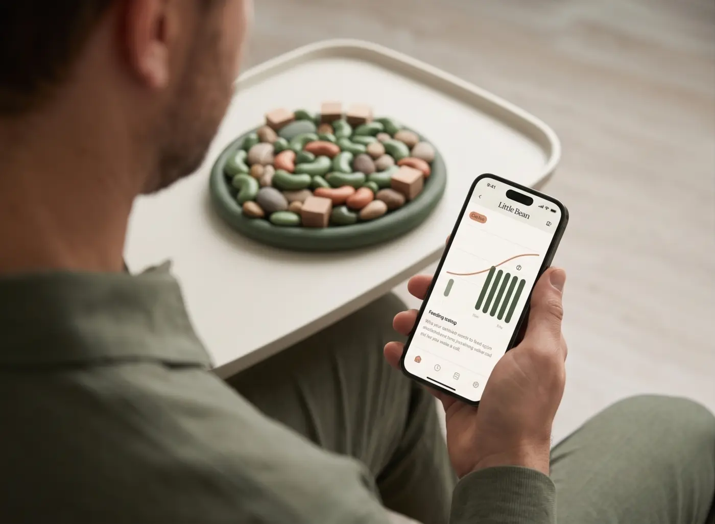 Father reviewing his newborn's evening feeding pattern in the Little Bean app