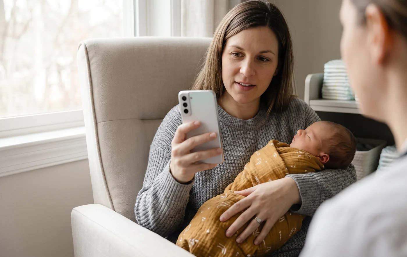 A mother in a nursery glider checking her phone while holding her sleeping swaddled newborn, with stacked diapers on the shelf behind her