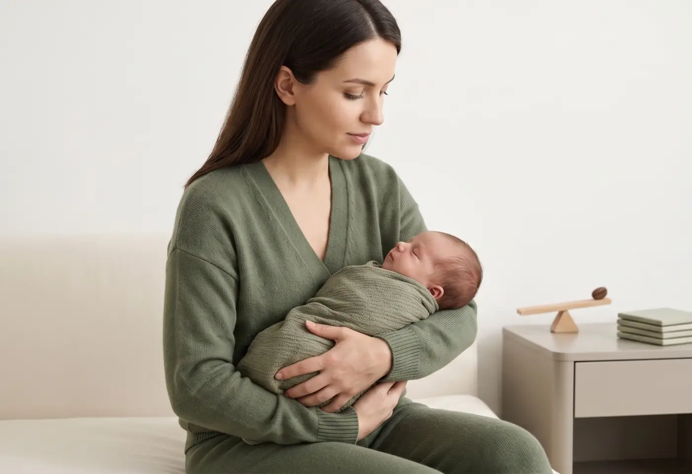 Mother cradling her sleeping newborn wrapped in a sage swaddle