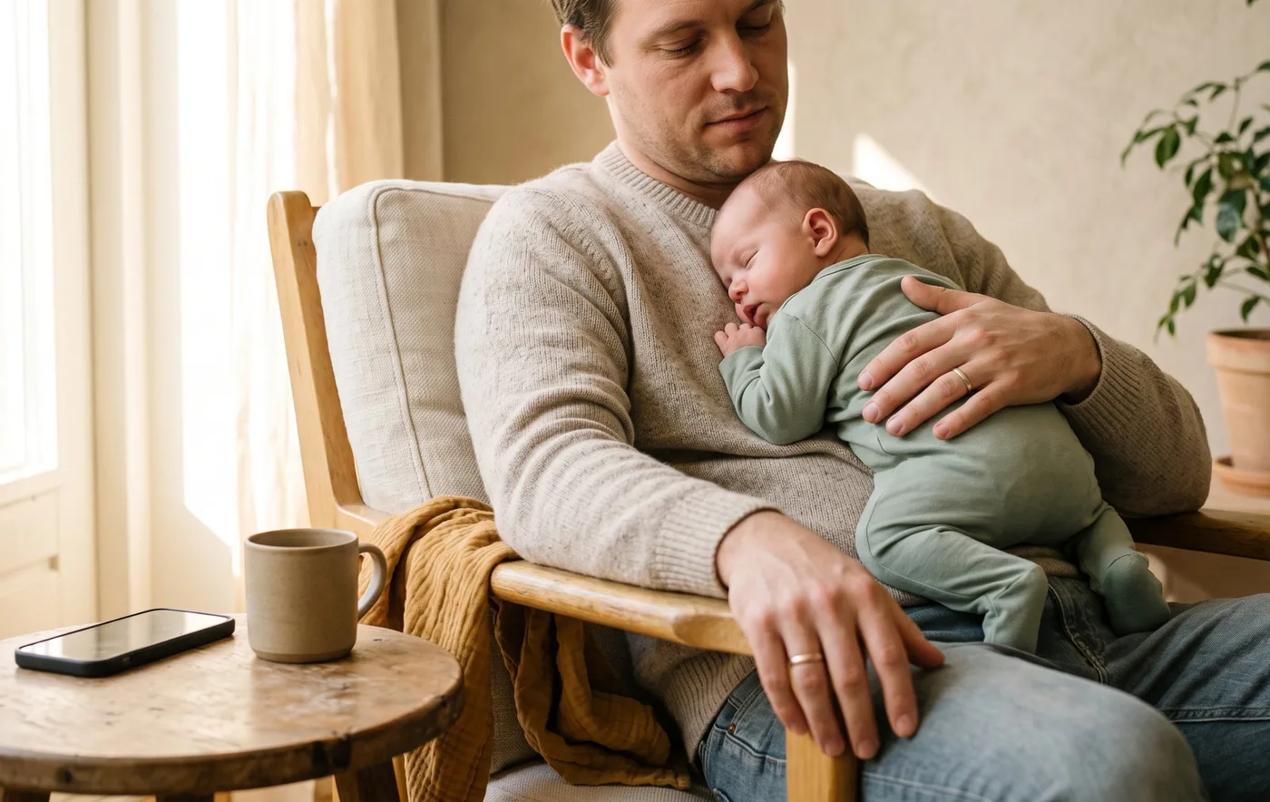 A father in an oatmeal jumper leaning back in a honey wood armchair with his newborn asleep on his chest in a sage sleepsuit, a phone lying dark on the side table next to a plain mug, a mustard muslin over the chair arm