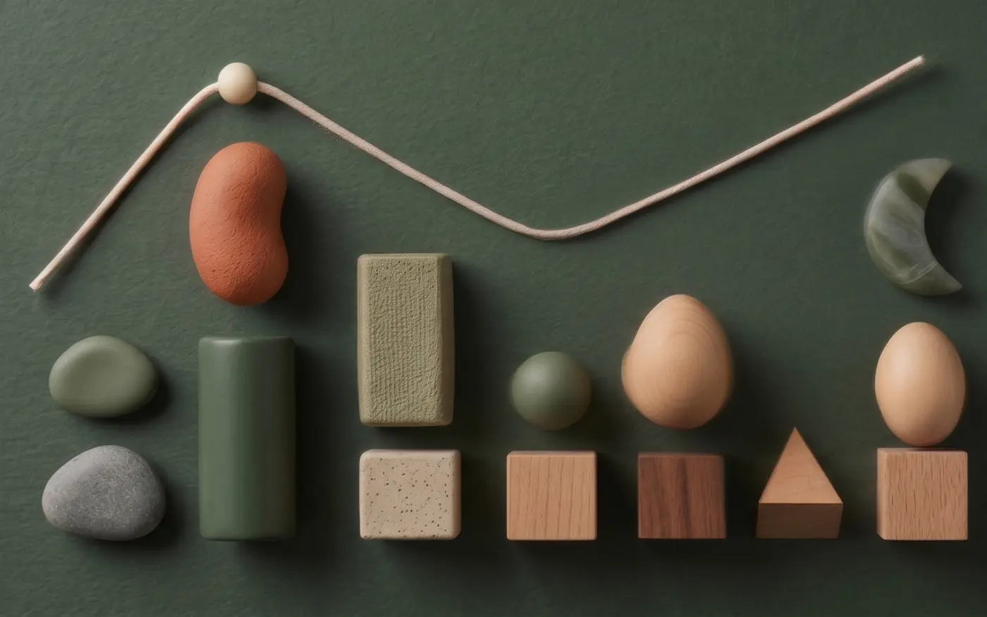 Wooden blocks and pebbles arranged as a bar chart with a rising trend line