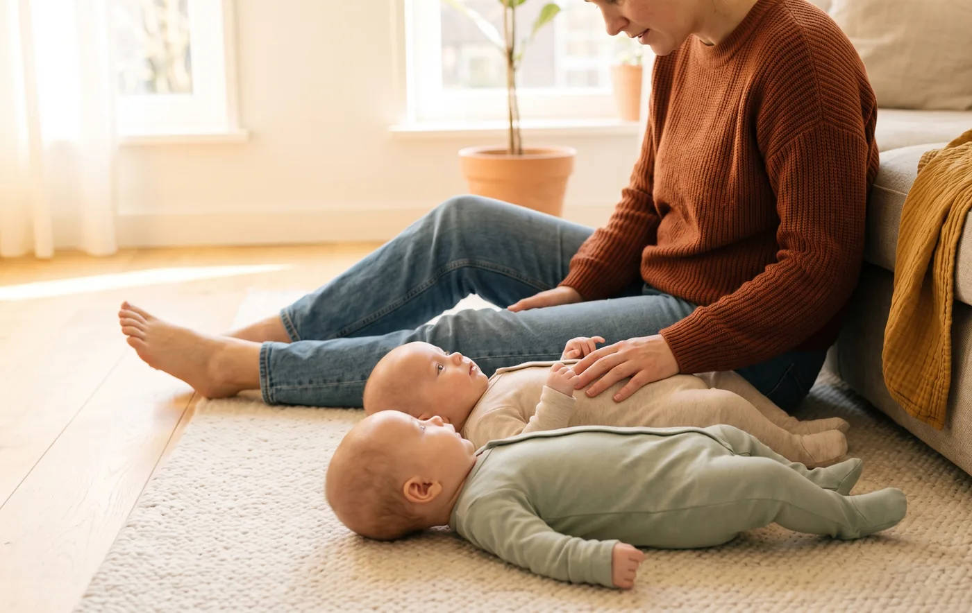 A mother in a rust jumper sitting on a cream wool rug with her back against a linen sofa, her hand resting on one of her twin babies, who lie side by side on the rug in oatmeal and sage sleepsuits, a mustard muslin on the sofa beside her