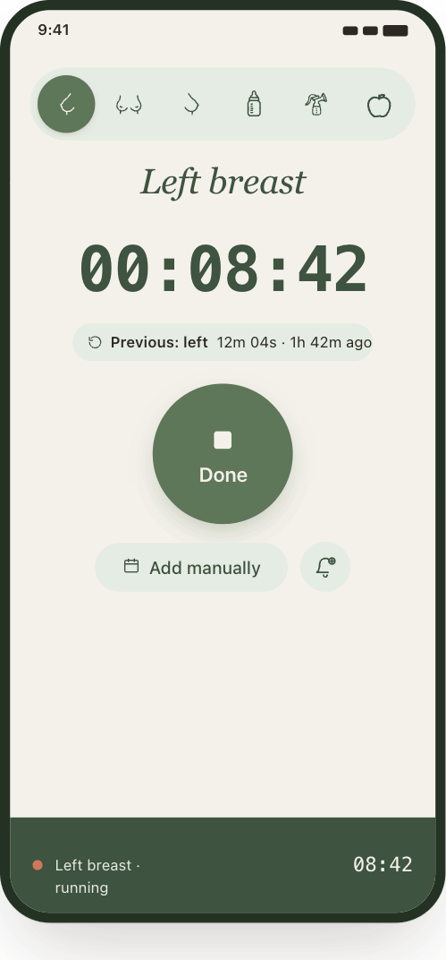 Feeding screen with a running left-side timer and a large Done button.