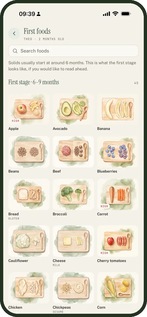 First foods guide: a grid of foods with photos of how each should look on the tray.