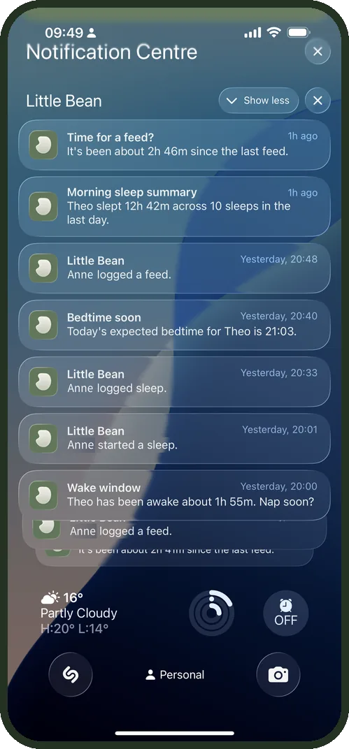 iPhone notifications from Little Bean: time for a feed, morning sleep summary, bedtime soon, Anne logged a feed.