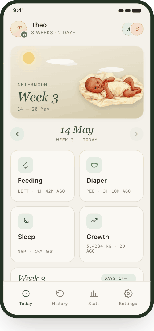 Today dashboard with one-tap trackers for feeding, sleep, diaper and growth.