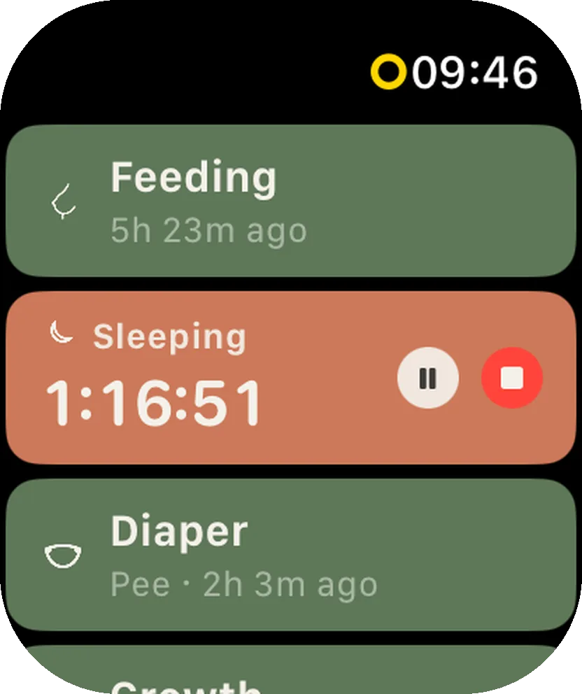 Little Bean watch app home: Feeding 5h 23m ago, a running sleep timer, Diaper 2h 3m ago.