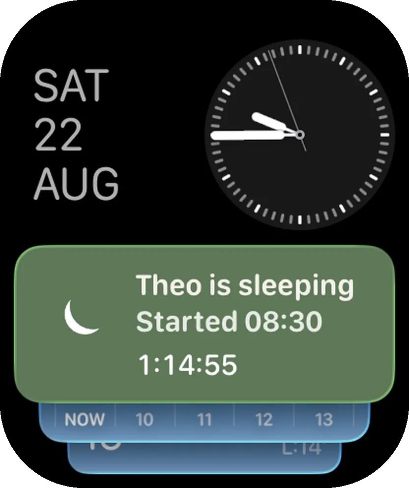 Smart Stack widget on the watch face: Theo is sleeping, started 08:30, 1:14:55.