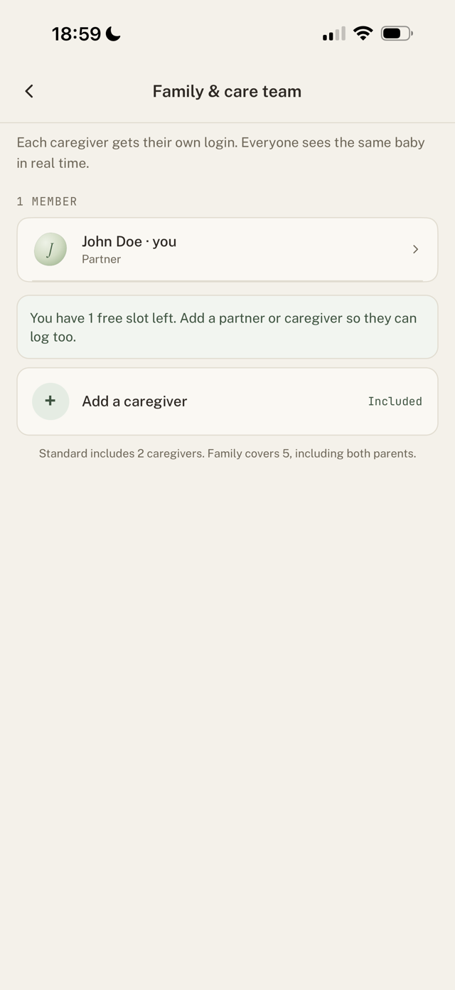 Settings with "Add partner or caregiver"