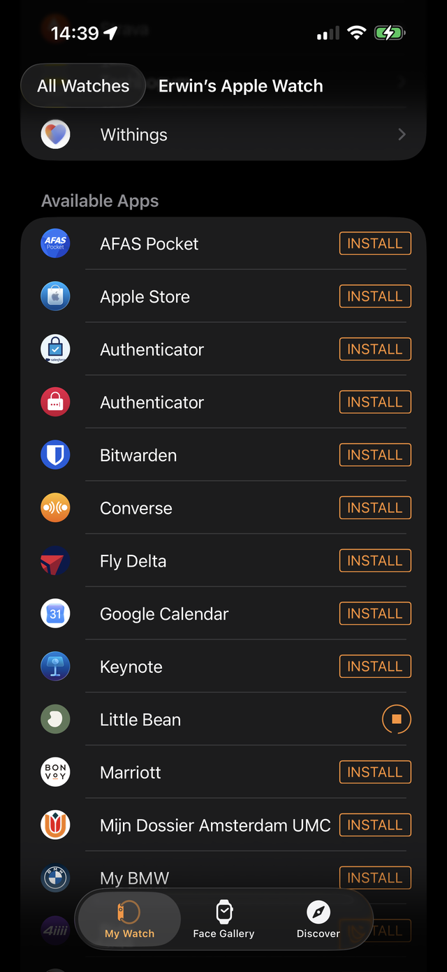 iPhone Watch app, Available Apps list with Little Bean
