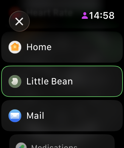 Complication picker on the watch with Little Bean selected