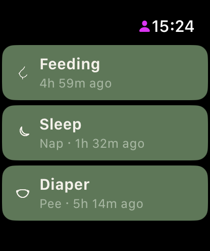 Watch app home with the Feeding, Sleep and Diaper tiles