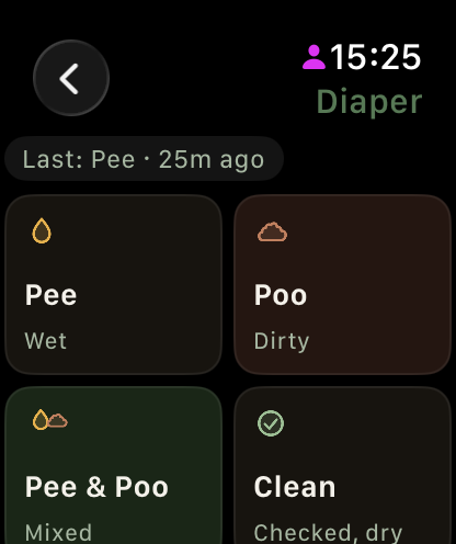 Diaper screen with the four one-tap options
