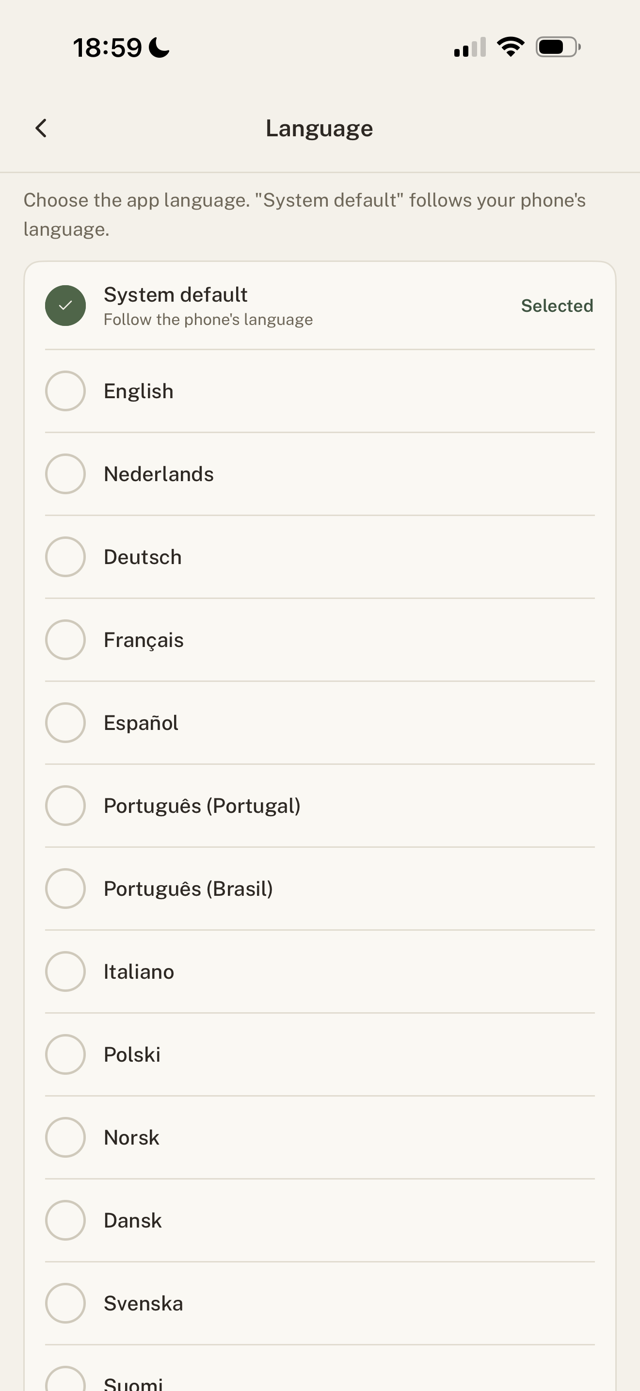 Settings > Language screen