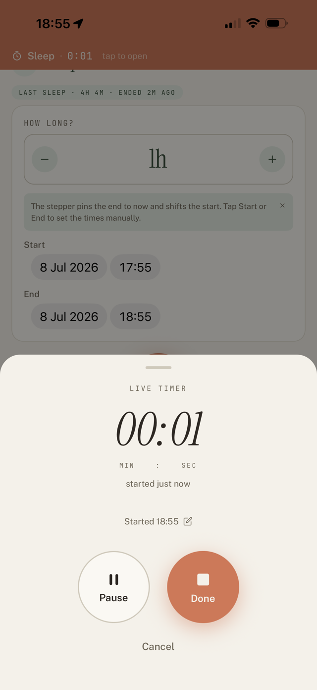 Live timer with Pause, Done, and the editable "Started" line