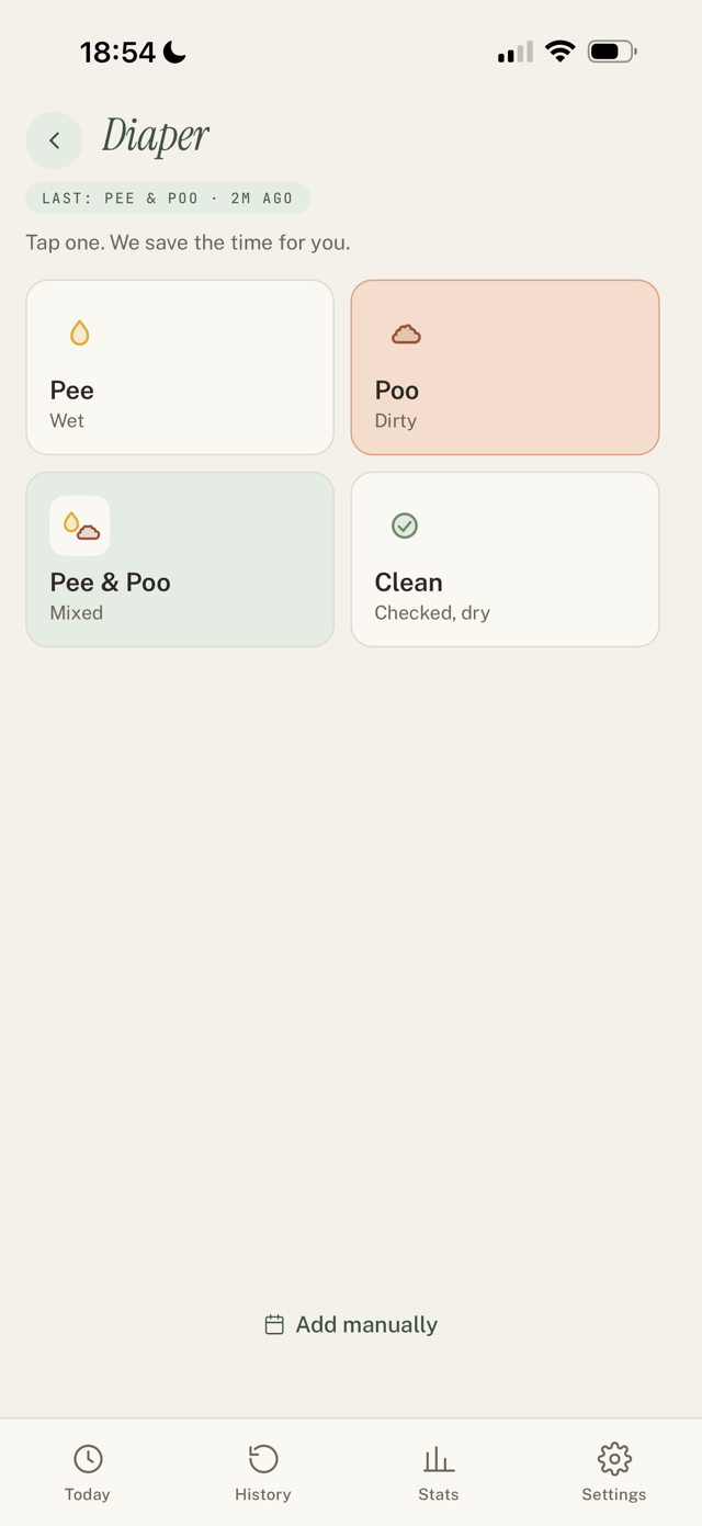 Diaper screen showing the four options