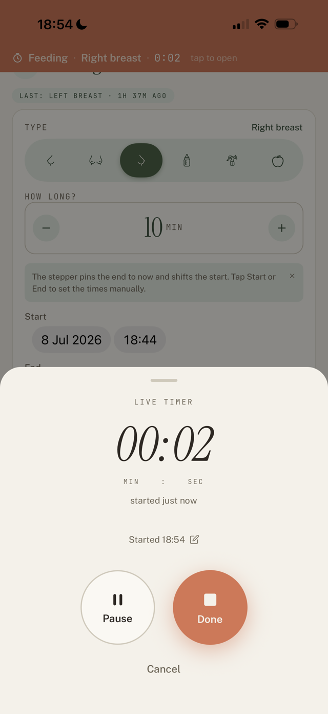 Live timer sheet, with the editable "Started ..." line visible