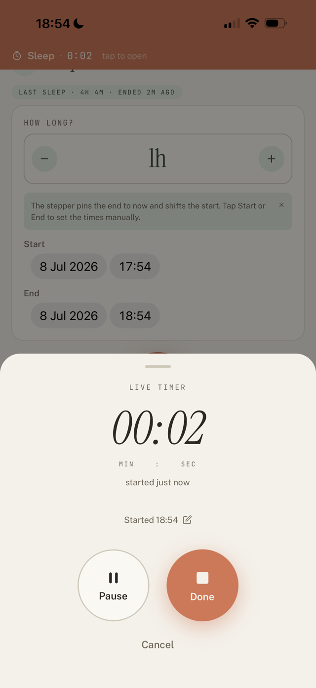 Live sleep timer with the editable "Started ..." line and the Pause / Done buttons