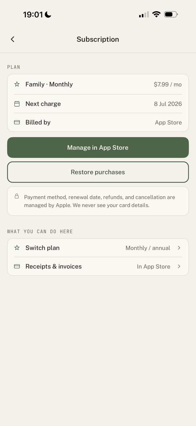 Subscription screen with Manage subscription
