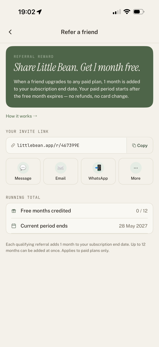 Refer a friend screen with the invite link