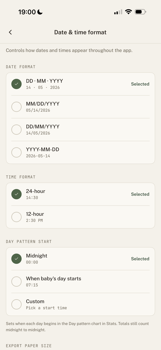 Settings > Date & time format screen